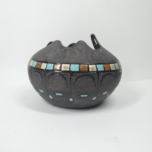 Black Ceramic Bowl Pot w/Blue Squares Geometric Signed Vtg MCM Blackware Native? - Picture 3 of 16